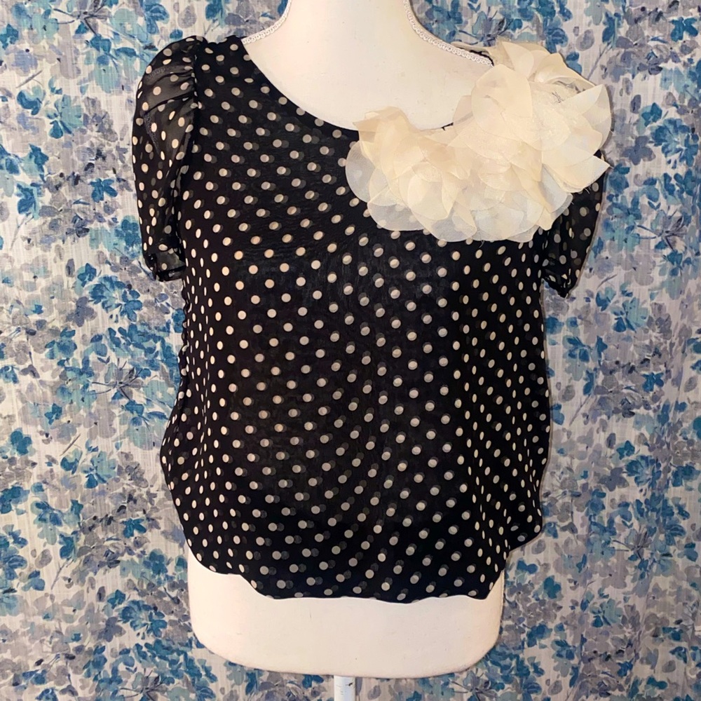 Black and White Polka Dot Sheer Elastic Waist Floral Embellished Top Medium